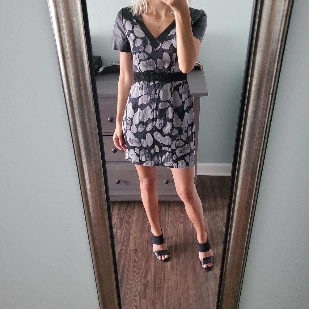 Tracy Reese V Neck Leather Contrast Dress Black